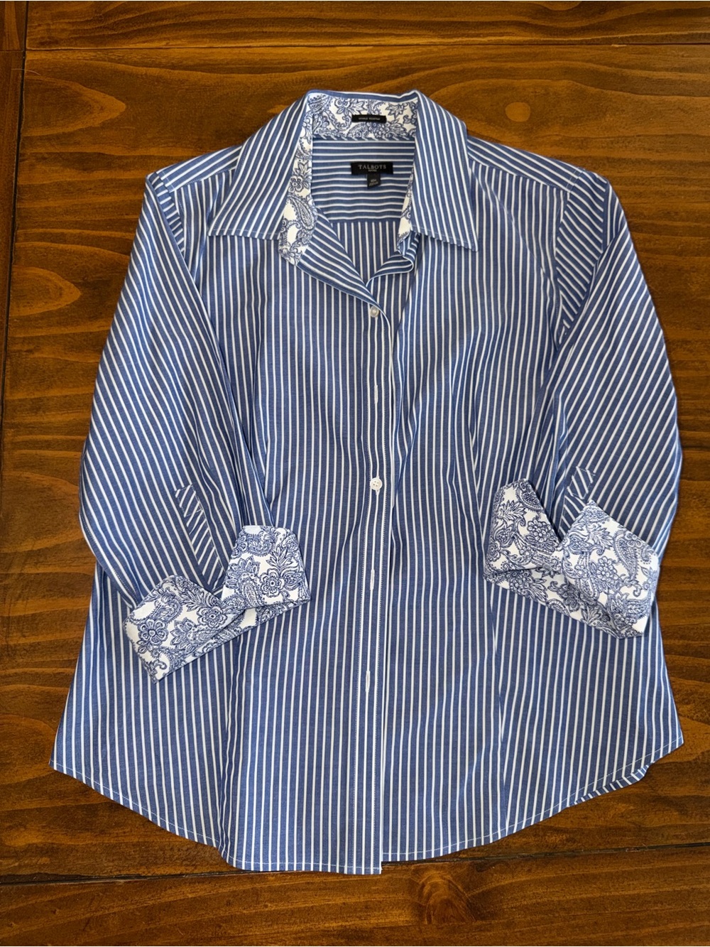 Talbots 10P Blue & White Striped Button-Down Shirt with Paisley Trim 3/4 Sleeve